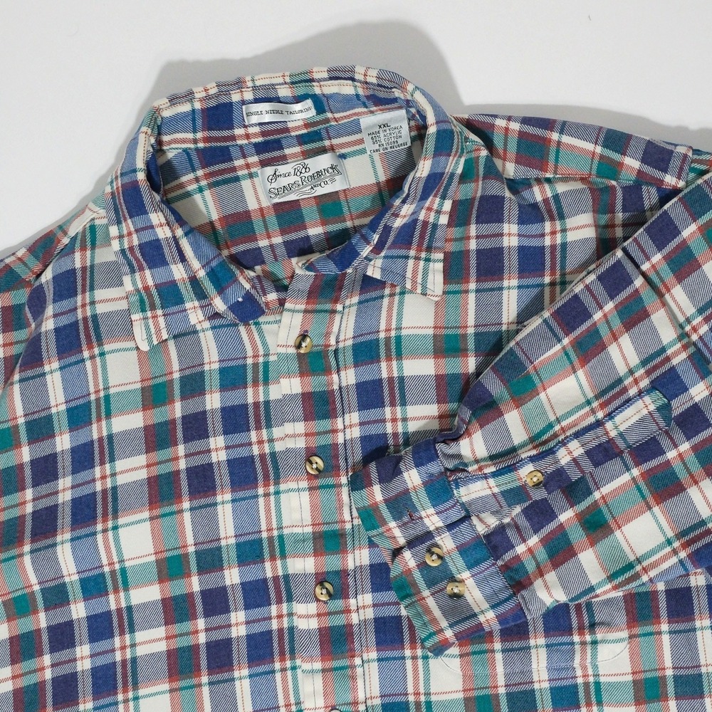 Sears Roebuck Shirt Mens 2XL Plaid Single Needle Tailoring Long Sleeve
